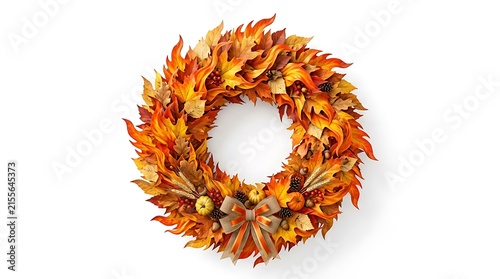 Autumn Leaf Wreath with Natural Elements and Decorative Bow on White