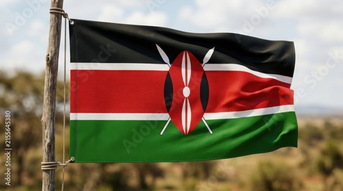 Kenya National Flag Held Upright, Realistic Fabric Texture, Official Symbol and Colors