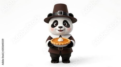Cute Panda Character in Pilgrim Attire Hold Pie, White Background