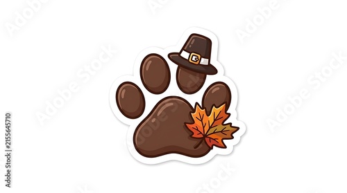 Cute Paw Print with Pilgrim Hat and Autumn Leaf on White Background