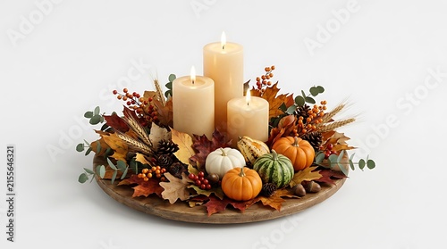Autumnal Centerpiece with Candles, Pumpkins, Leaves, and Berries