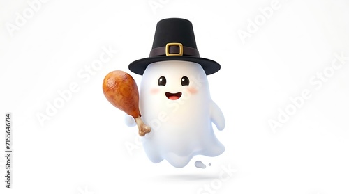 Cute Ghost Character Wearing Pilgrim Hat Hold Food on White Background
