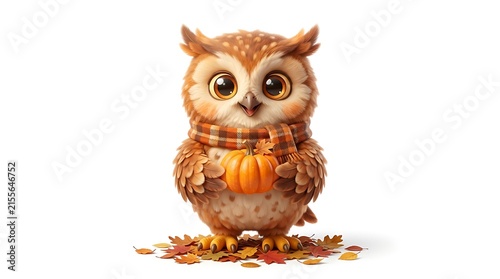 Cute Cartoon Owl with Scarf and Pumpkin Standing on Autumn Leaves Isolated