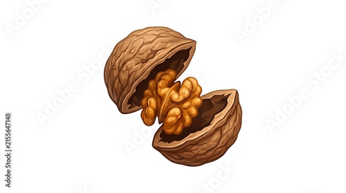 Broken Walnut with Kernel Exposed on White Background Food Ingredient