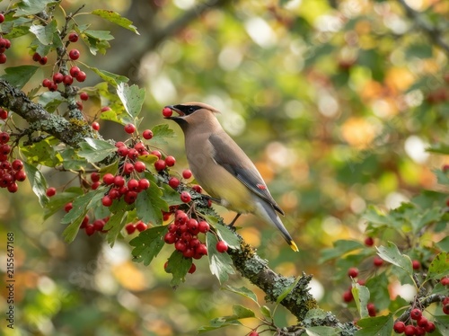 A waxwing bird perched on a branch of a hawthorn tree, feeding on small red berries during the autumn season in a forest setting.