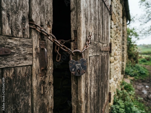 A weathered wooden barn door held slightly ajar by a heavy rusted metal chain and a large, worn antique padlock in a rural outdoor setting.