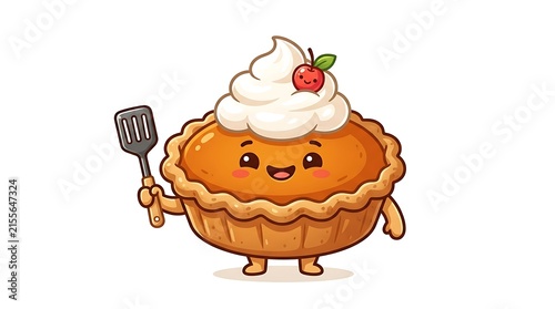 Cute Cartoon Pie with Spatula and Whipped Cream on White Background