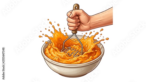 Vibrant illustration of a hand mashing orange food in a bowl, dynamic splash