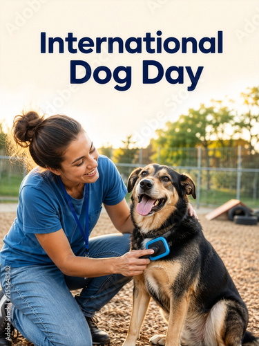 Woman Volunteer Brushing Happy Shelter Dog for International Dog Day