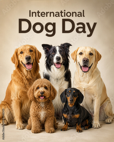 International Dog Day Celebration Featuring Group Of Diverse Canine Breeds