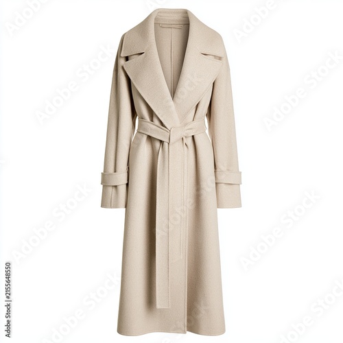 Beige luxury cashmere wool coat appears on a white background using ghost mannequin editing.