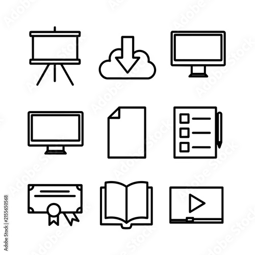 A collection of simple black line art icons representing various digital and office tools.