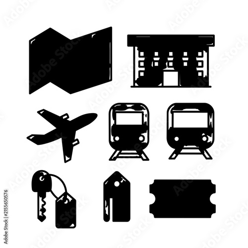 A collection of black silhouette icons representing various modes of travel and tourism.