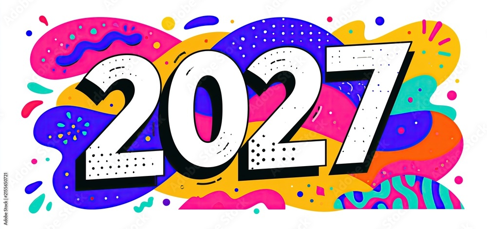 Obraz premium Bold 2027 New Year numbers framed by vivid abstract shapes create a lively, festive composition with bright colors.