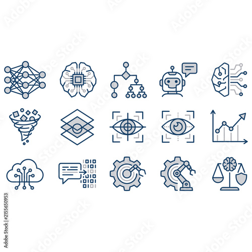 Collection of abstract icons representing data science, technology, and analytical concepts.