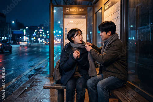 Couple bus stop at night in rain with man adjusting woman's scarf on bench for romantic urban background and evening transport scene