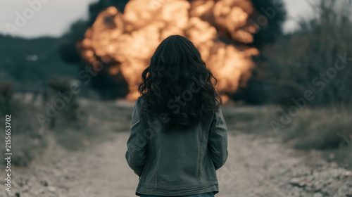 Person Witnessing a Massive Explosion in the Distance, Dramatic Disaster and Emergency Scene