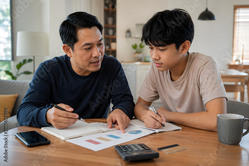 Father teaching son personal finance at home