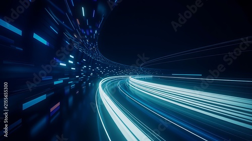 High speed highway with glowing light trails creating a futuristic transportation concept
