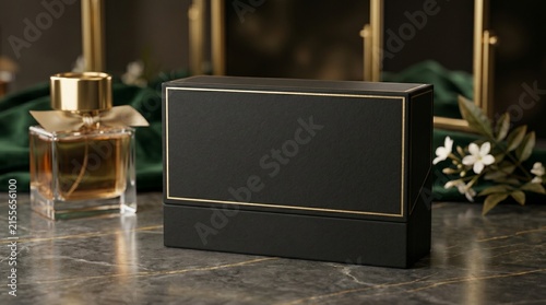 Luxury black perfume box mockup with gold trim and glass fragrance bottle on marble