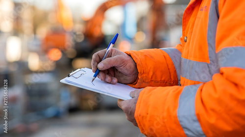 Construction Site Supervisor Writing Notes On Clipboard Wearing Orange Safety High Visibility Jacket