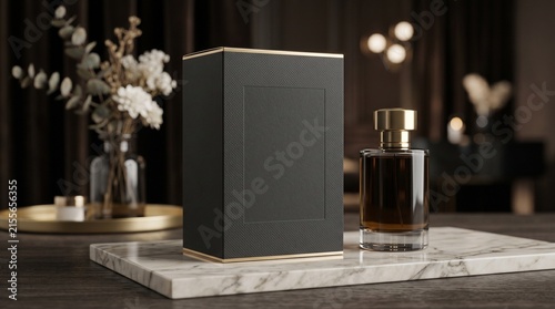 Luxury perfume bottle and black textured box mockup on a marble surface