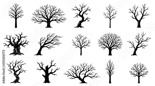 Black Bare Tree Silhouette Collection Isolated Vector Set for Nature Design