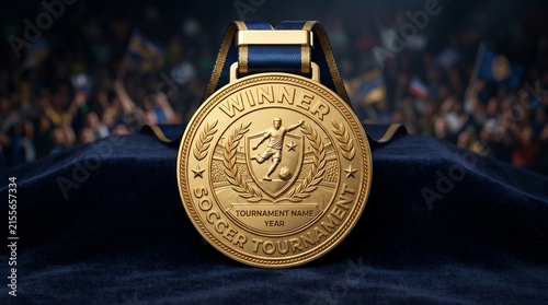 Golden soccer championship medal on velvet with engraving for tournament winner award ceremony