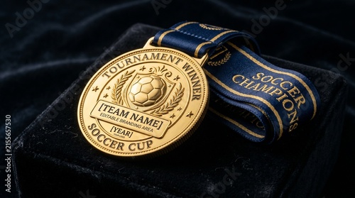 Gold soccer tournament winner medal with blue ribbon on black velvet background