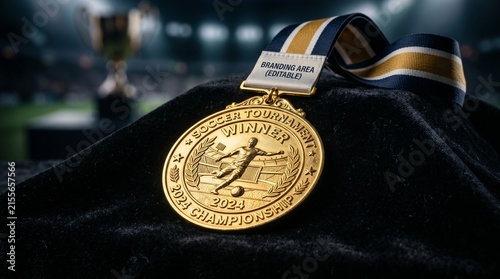 Gold soccer winner medal on black fabric with stadium trophy background