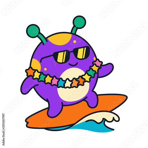 Photography Cute purple monster character surfing on an orange surfboard