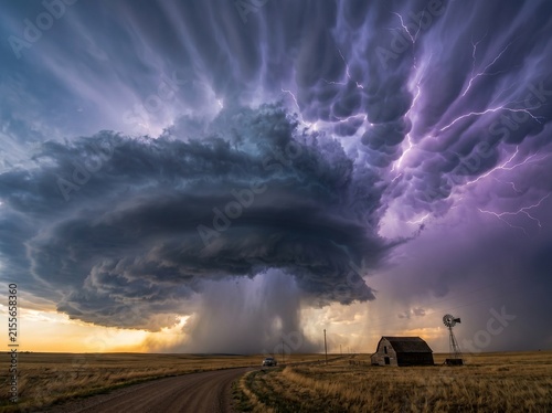Konstfotografi Severe Thunderstorm with Lightning and Mammatus Clouds over Country Road