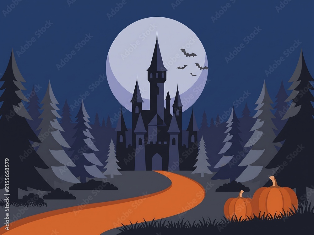 Fototapeta premium Spooky pixel art castle with full moon and pumpkins in a dark forest for halloween night theme