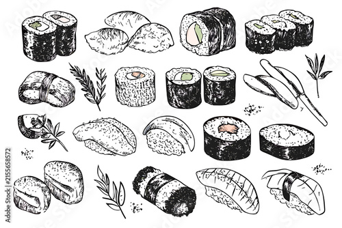 Hand drawn sketch of assorted sushi and maki rolls vector illustration on white background.