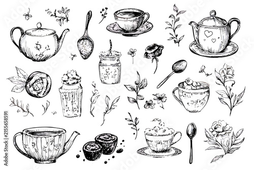 Hand drawn sketch of tea party elements and floral accents vector illustration on white background.