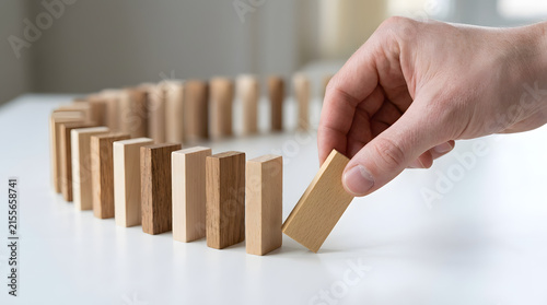 Person hand placing a wooden domino block in a row on a table