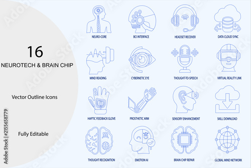 Bild auf Leinwand 16 AI and Neurotech Vector Icons Set - Bionic Brain, VR & Cybernetics Line Art