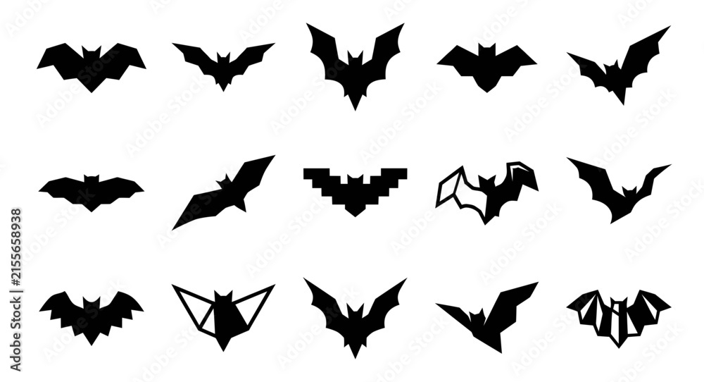 Fototapeta premium Set of black bat silhouettes for halloween design elements