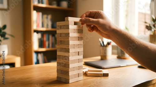 Person playing a wooden block stacking game on a desk in a cozy home office