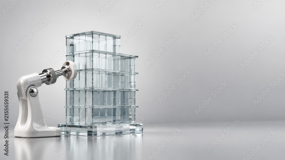Obraz premium A Creative Representation of Business Innovation and Development Showcasing Analytics with Abstract Glass Structures and a Modern Mechanical Device