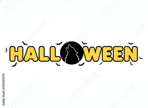 Halloween text design with a howling wolf silhouette in a full moon and flying bats