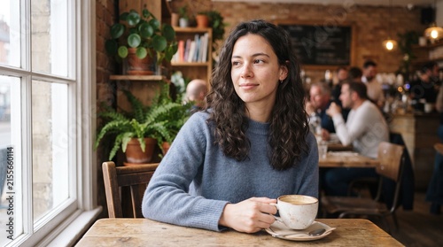 Woman enjoying coffee in a cozy cafe setting.