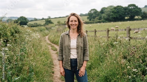 Woman standing on a rural countryside path surrounded by greenery.