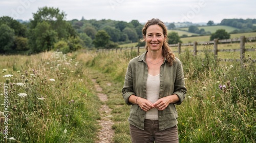 Woman standing on a rural countryside path surrounded by wildflowers.