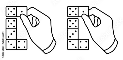 Linear icon. Gambler hand places a die for a game of dominoes. Simple black and white icon isolated on a white background