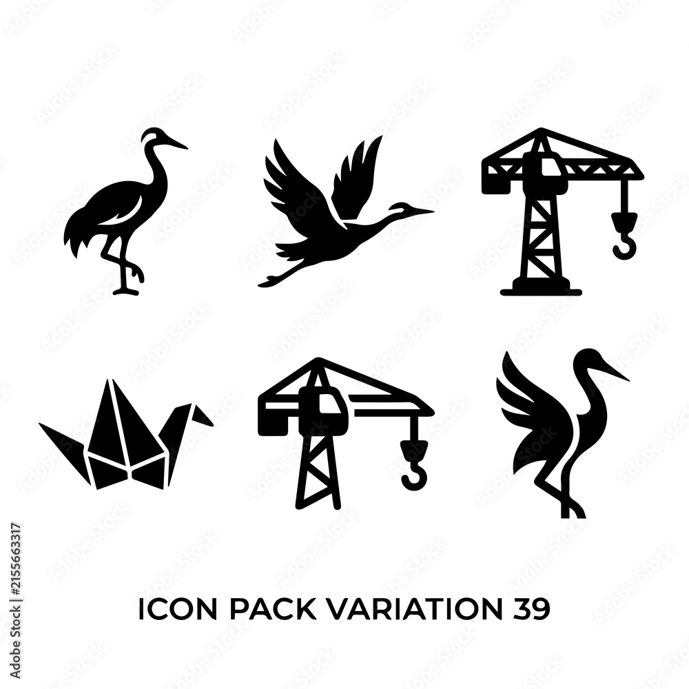 Obraz premium Icon set including cranes construction machinery and origami paper bird art
