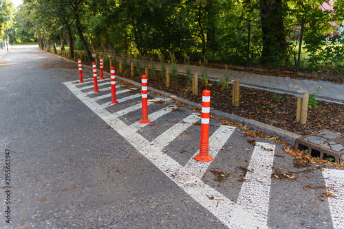 Canvastavla Row of orange and white bollards along an asphalt parking area with autumn leave
