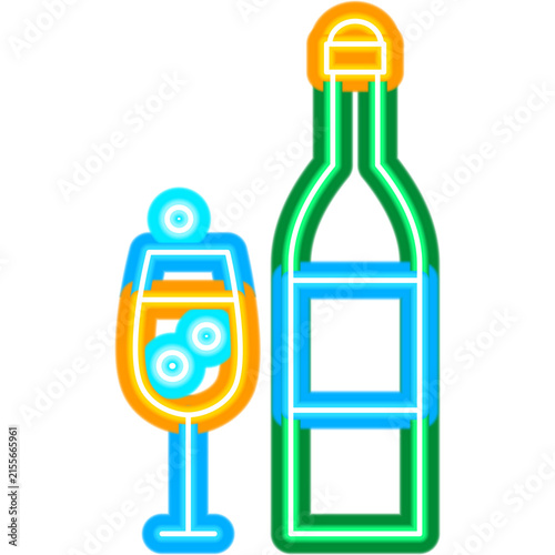 Champagne Bottle Glass Neon Sign. Vector Illustration of Alcohol Promotion.