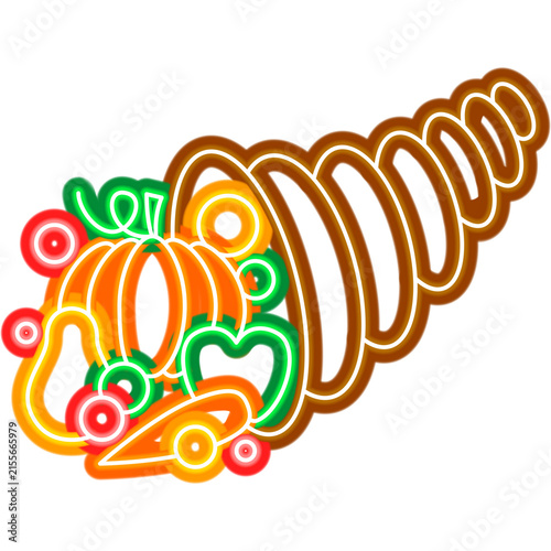 Cornucopia Neon Sign. Vector Illustration of Fall Holiday Promotion. Vegetables and Fruits Harvest