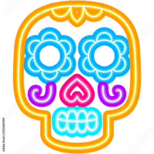 Day of the Dead Skull Neon Sign. Vector Illustration of Mexican Promotion. Dia De Los Muertos Holiday   